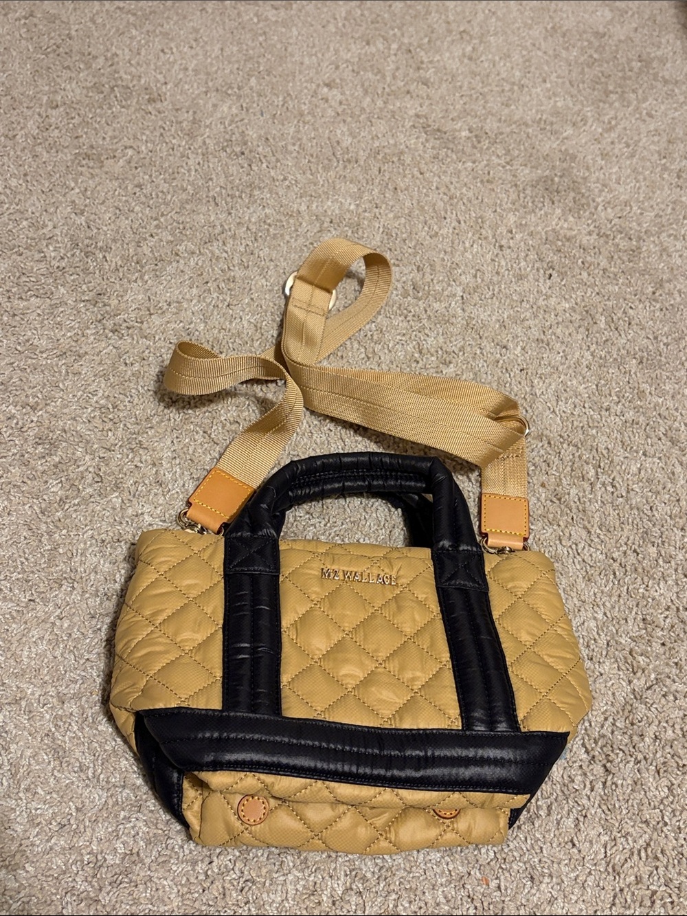MZ Wallace Quilted Mustard and Black Mini Tote with Crossbody Strap